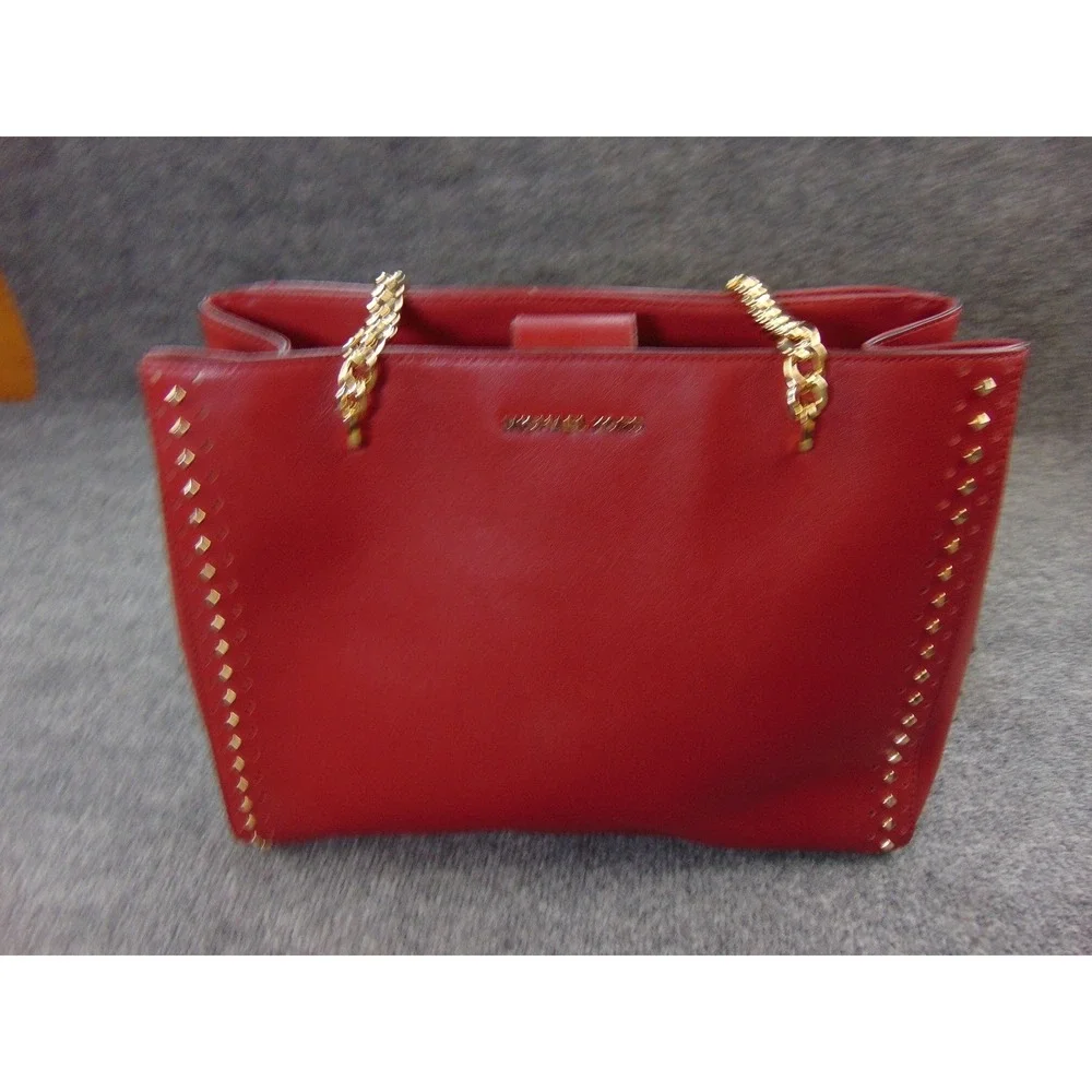 Michael Kors Large Tote Red Leather Gold Studded Chain Shoulder Bag 35H7GE0T3L